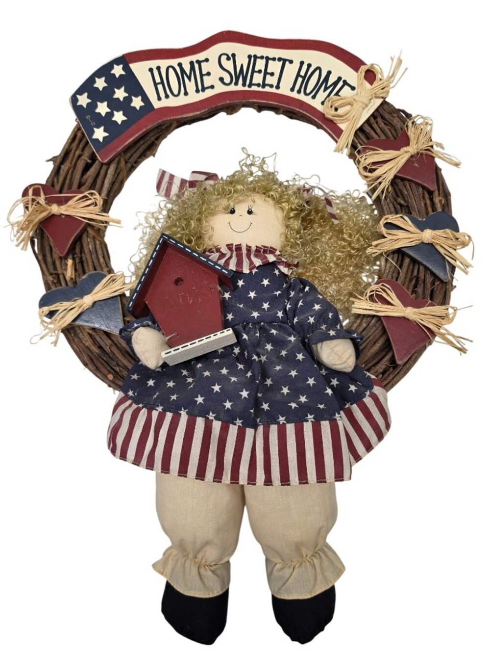 Patriotic Americana Rag Doll Grapevine Wreath Home Sweet Home Rustic 19"